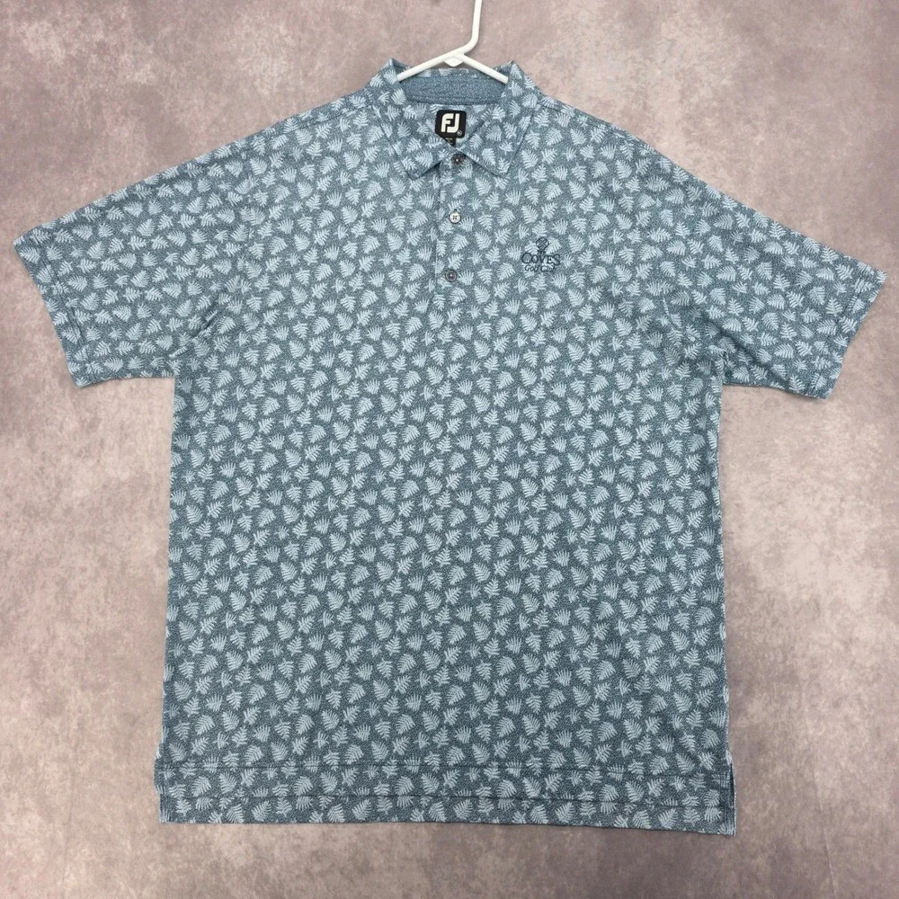FootJoy Golf Polo Shirt‎ Mens XL Blue White Leaf Print Short Sleeve Performance